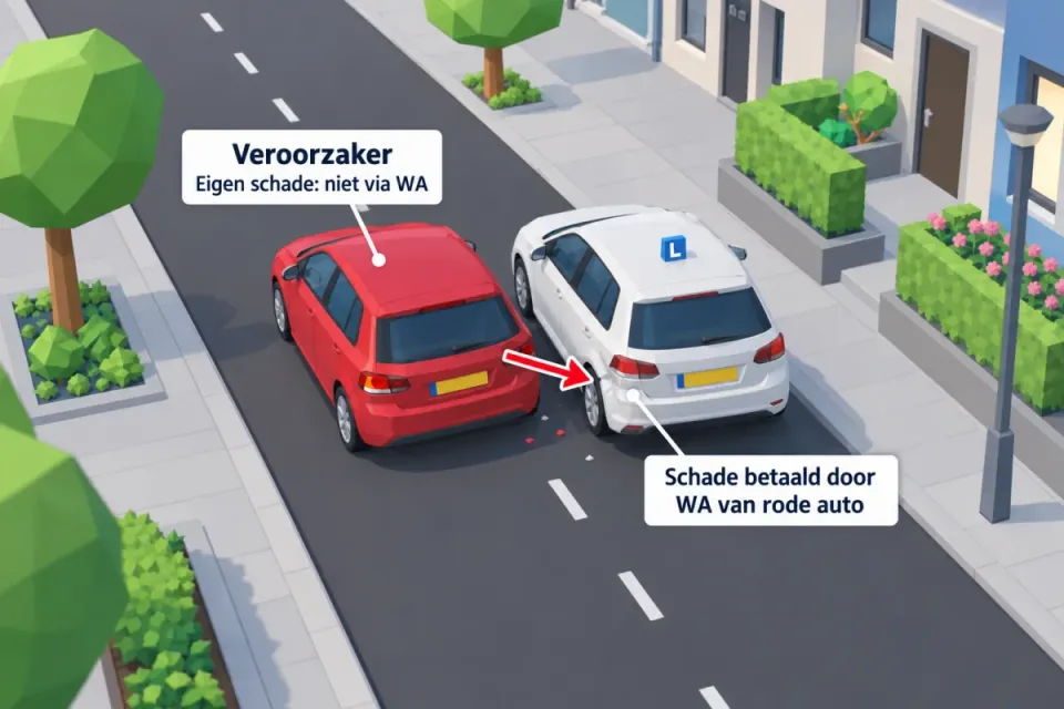 De rode auto veroorzaakt de aanrijding. Zijn WA-verzekering betaalt de schade van de witte auto; zijn eigen schade niet.