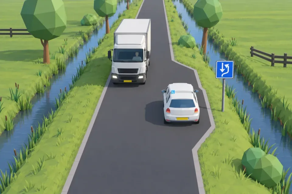 The learner car waits in the passing place at sign L20. The truck can now pass.