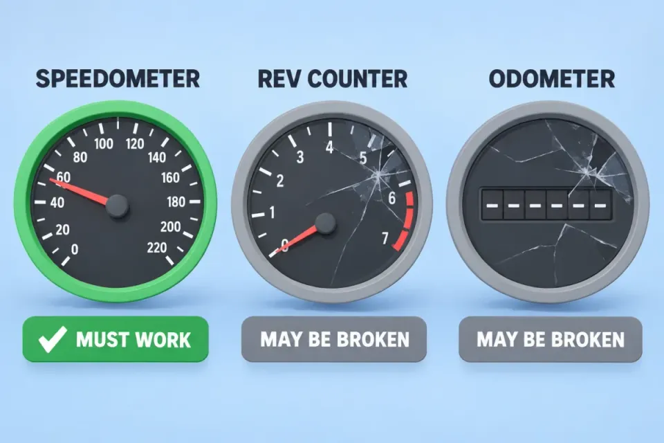 The speedometer must work, the rev counter and odometer may be broken