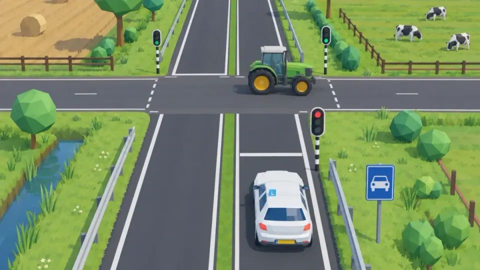A tractor crosses the autoweg at traffic lights while you wait at red.