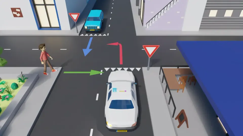 Learner car at shark teeth and a stop sign, with a pedestrian crossing the side road.