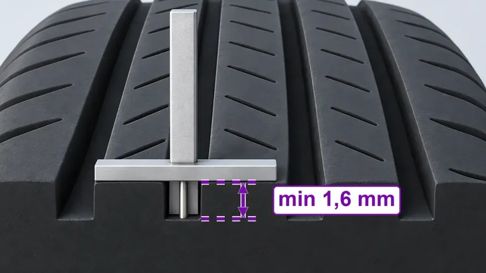 Measure in the wide grooves, at several places round the tyre. At least 1.6 mm.