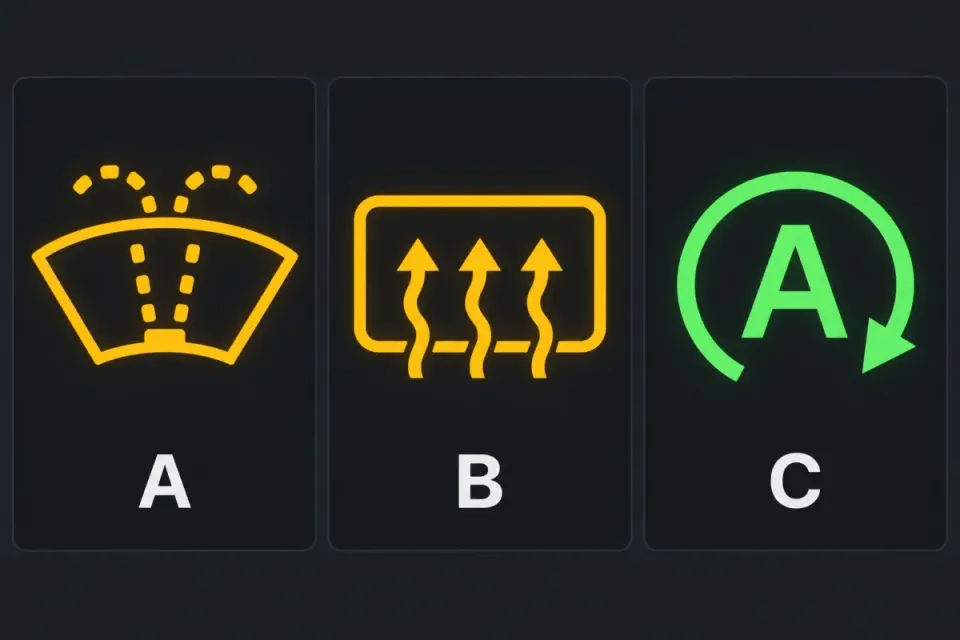 A: washer fluid. B: rear window heating. C: start-stop system. Shape and colour can differ by brand.