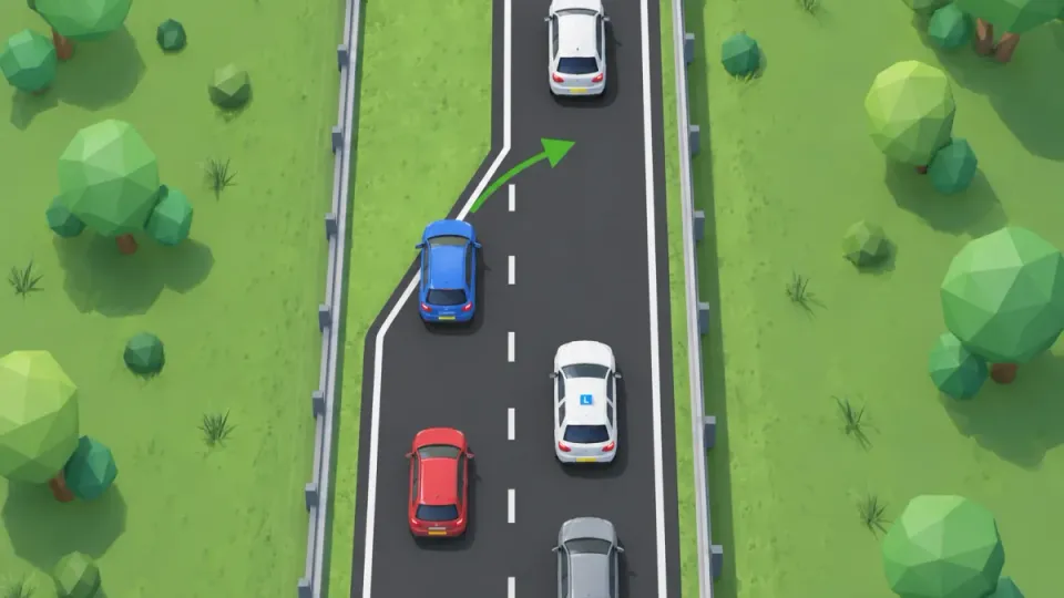 Bovenaanzicht van een snelweg waar de linkerrijstrook ophoudt: een blauwe auto voegt aan het eind in, in het gat vóór de lesauto