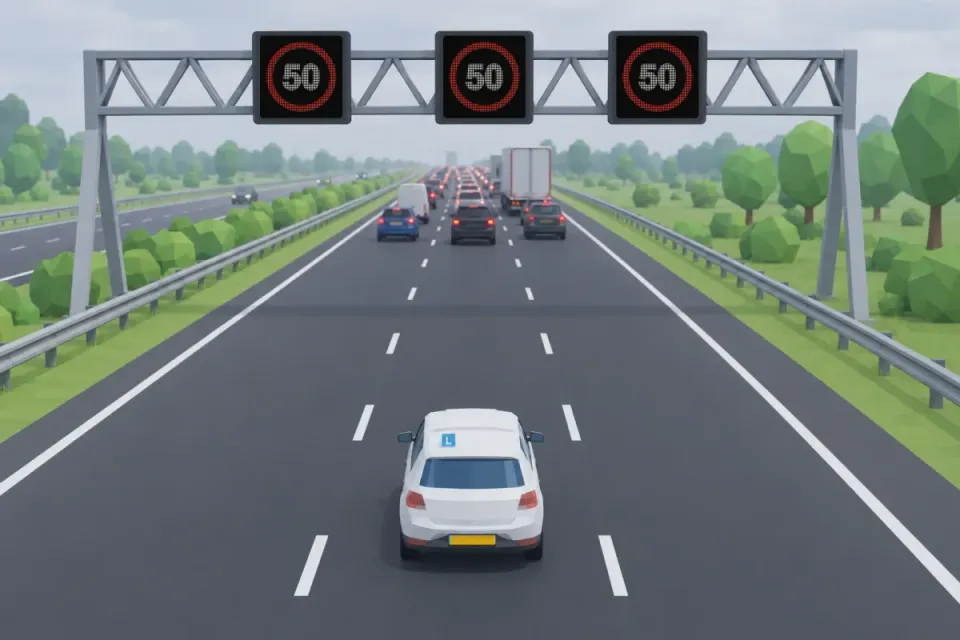 Gantry with three matrix signs showing 50 in a red ring; a traffic jam further ahead