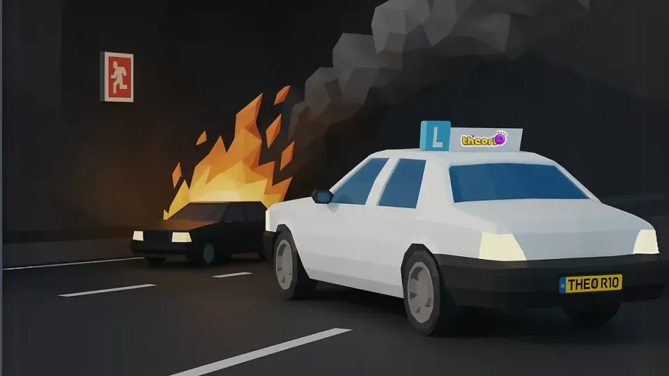 Stay away from the burning car and leave the tunnel through an emergency exit, away from the fire.