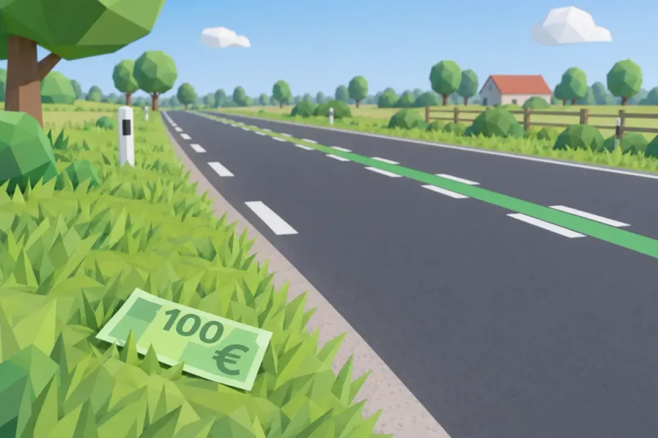 Een groen briefje van 100 euro naast een weg met een groene streep
