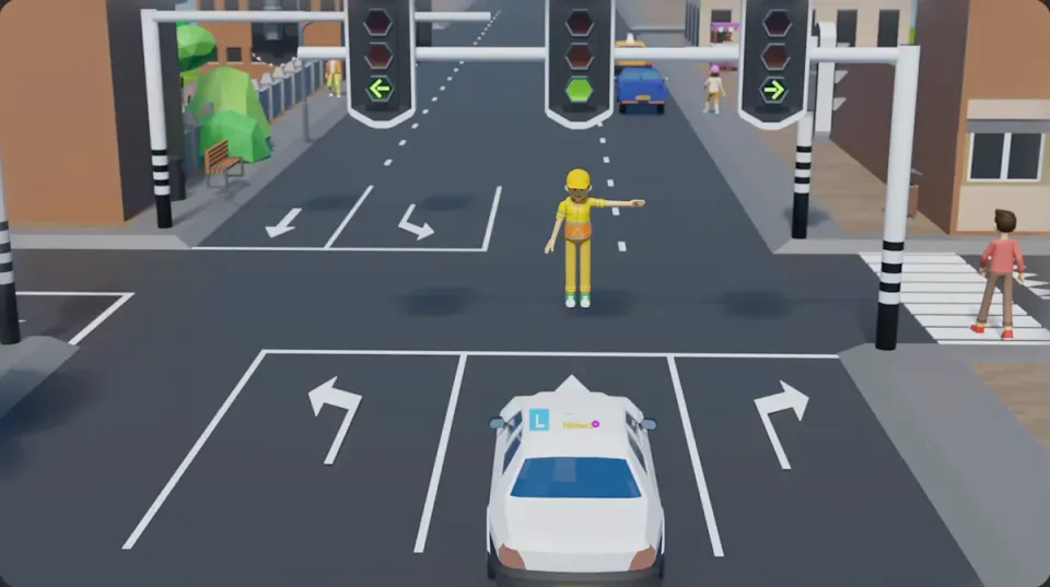 The light is green, but the traffic controller gives a signal. The learner car follows the traffic controller.