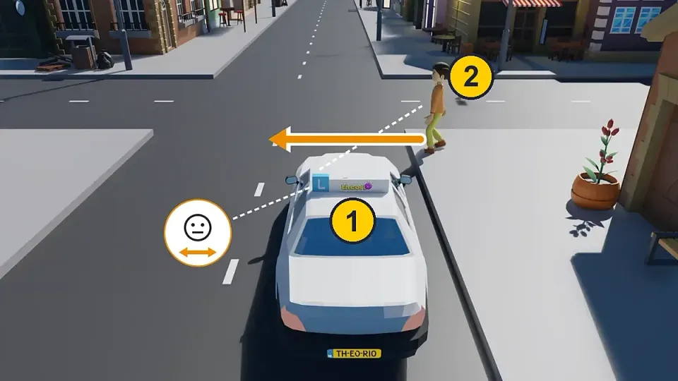 Side: the pedestrian (2) comes from the side. The learner car (1) goes first.