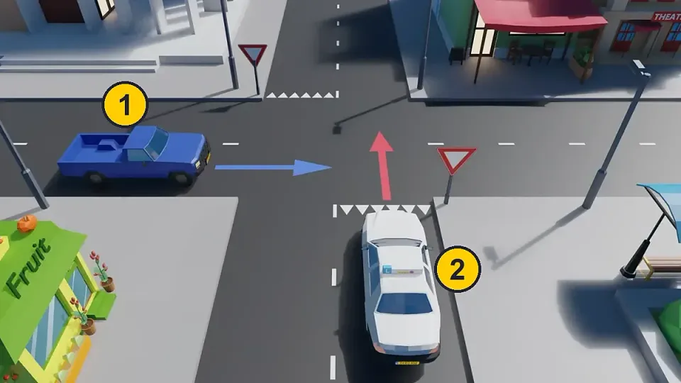 The learner car has shark's teeth and lets the blue pick-up from the left go first.