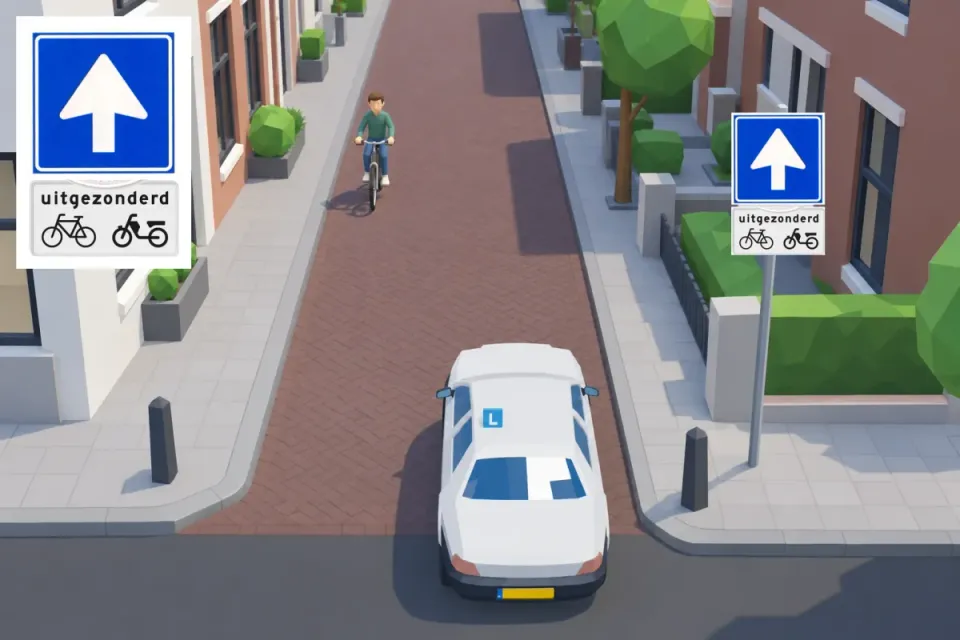Sign C3 with a sub-sign uitgezonderd (except) bicycle and moped; a cyclist comes towards the learner car. Top left the sign shown large.