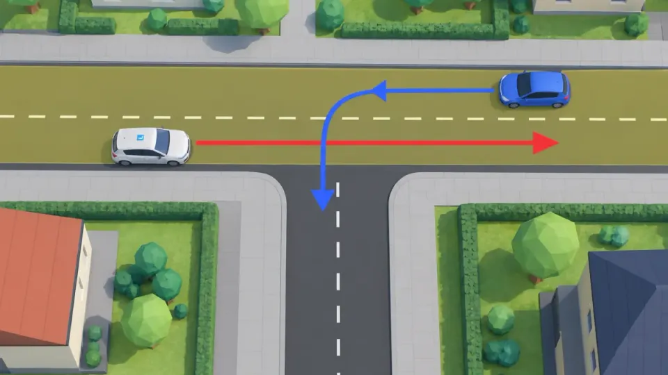 T-junction, the same road (yellow): the learner car and the blue oncoming car are both on the through road. The learner car goes straight on and goes first. The blue car turns left into the side road and waits.