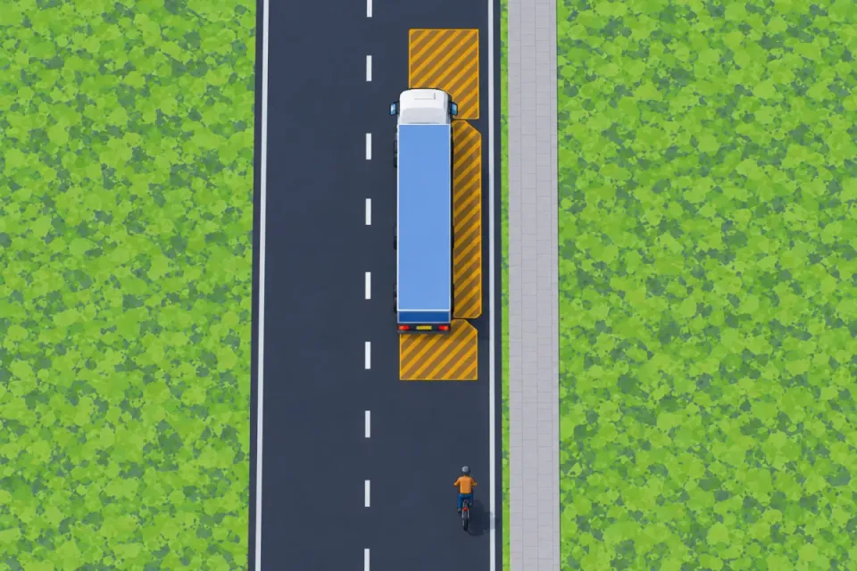 The striped areas show where the driver can hardly see: just in front of the cab, on the right side of the lorry and directly behind it. The exact areas differ per lorry.
