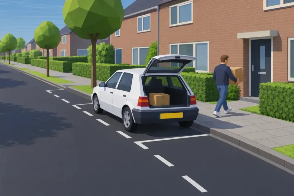 A driver carries heavy boxes straight from the open boot to a nearby front door.