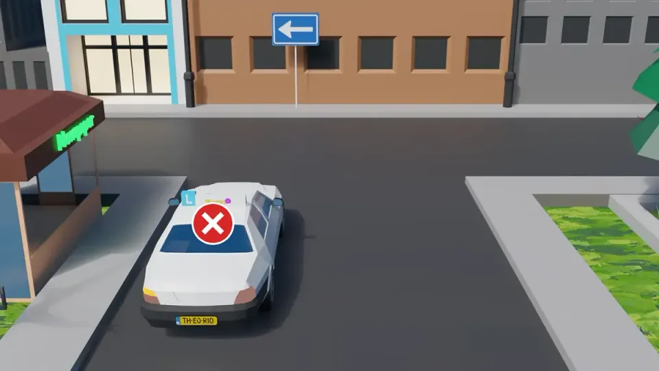 The car with the cross is too far left. The sideways arrow applies to the crossing road. On its own road the car belongs near the centre.