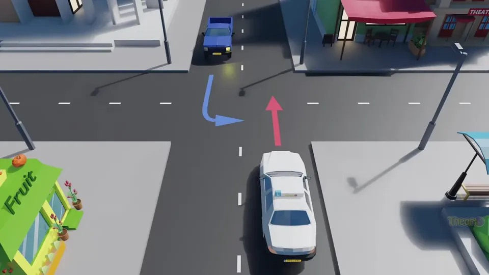 The same road: the learner car goes straight on and goes first. The blue oncoming car turns left and waits.