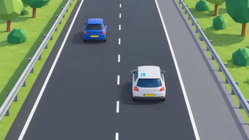 Motorway with two lanes and normal dashed lines: a blue car drives on the left, the learner car drives behind it in the right lane
