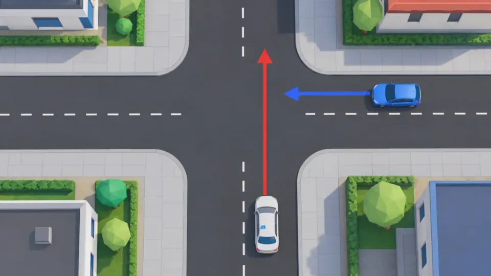 Equal junction seen from above: the blue car comes from the learner car's right and goes first. The learner car waits.