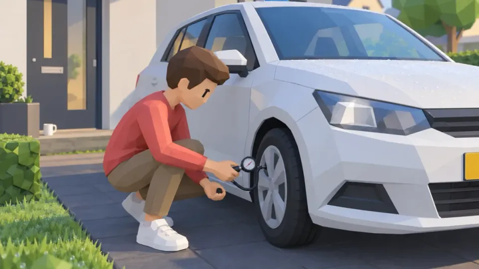In the morning, someone checks the tyre pressure of the parked car with a gauge on the valve before driving off.