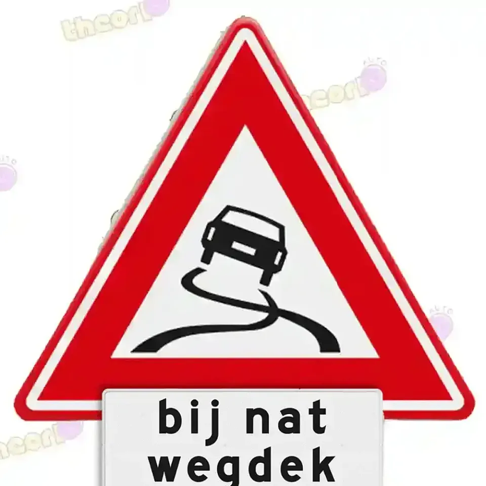 Sign J20 with the sub-sign bij nat wegdek (when wet): the road here is slippery when it is wet.