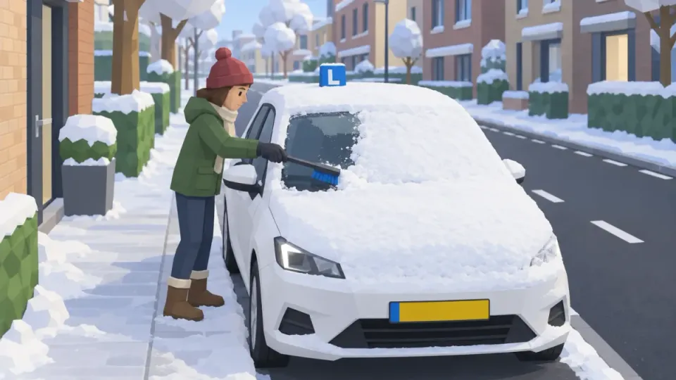Driver brushing snow off the windscreen of a parked car with a snow brush