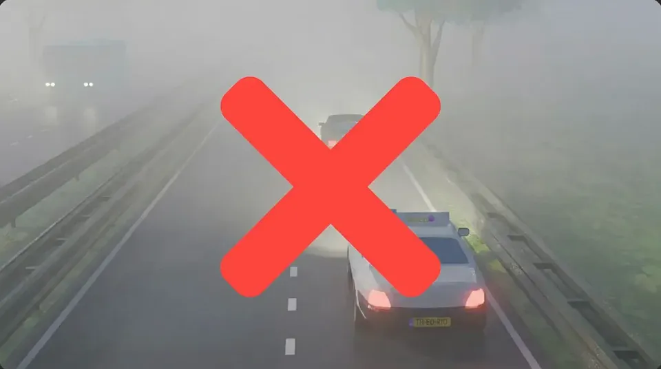 In fog, traffic quickly disappears from view. Wait to overtake if you cannot see far enough.