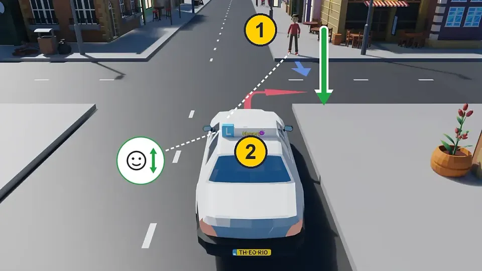 Face or back: the learner car (2) turns and the pedestrian (1) goes straight on along the same road. The pedestrian goes first.