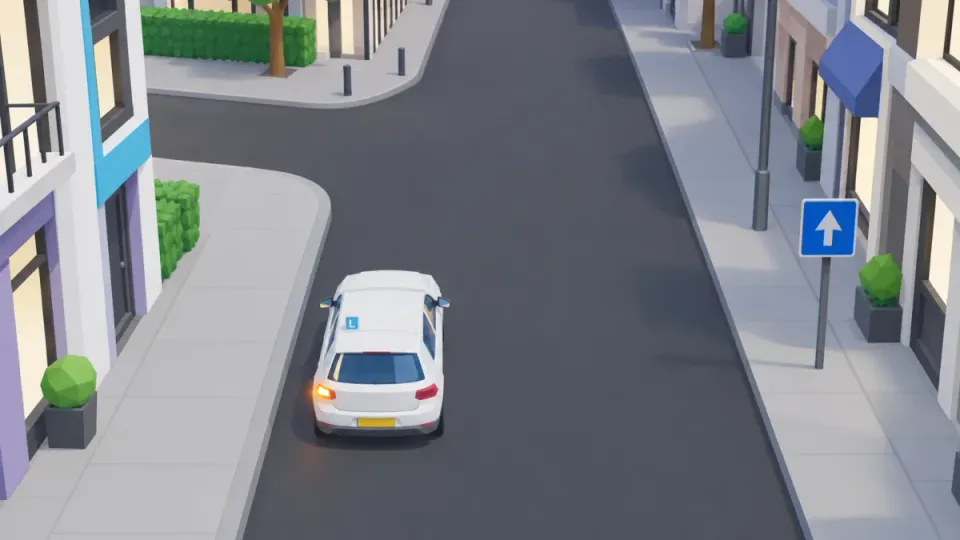 The learner car drives on the far left of a one-way street with its left indicator on, just before a side street on the left.