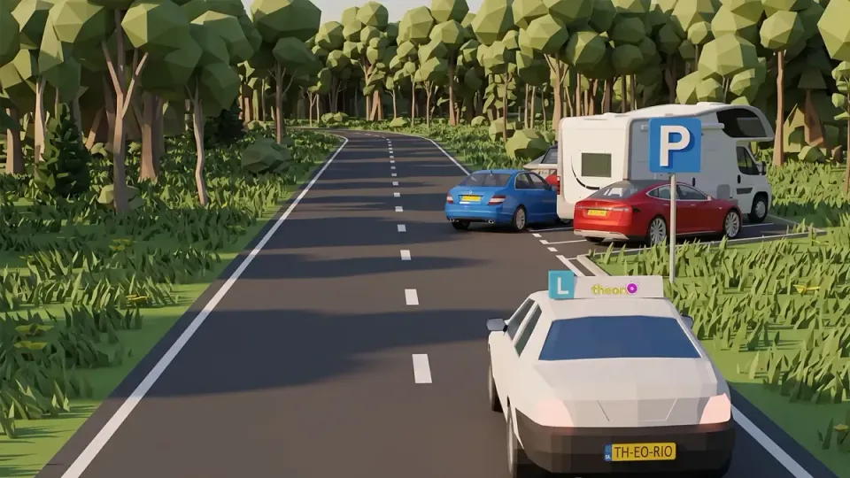 The other car is reversing out of a bay. That driver lets you go first. Stay ready to brake.