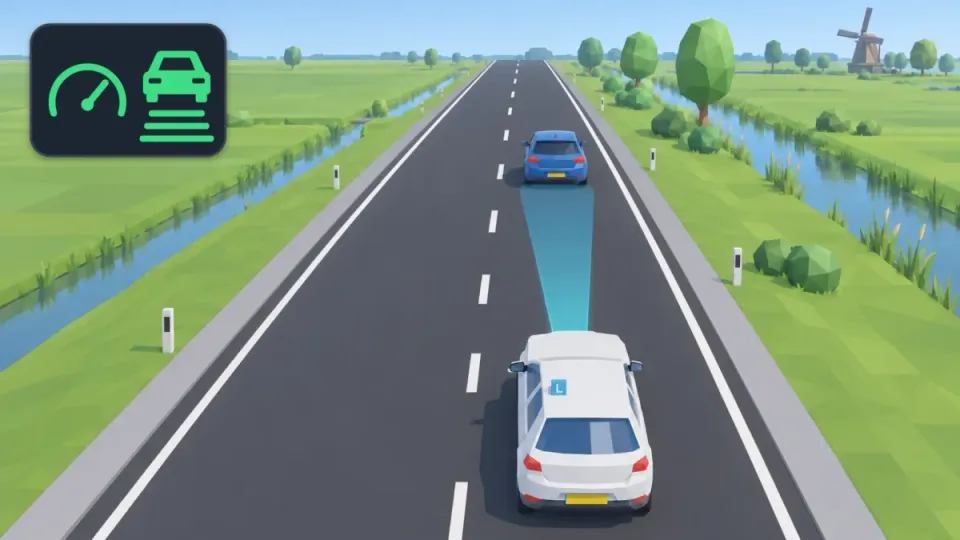The blue beam is the radar: ACC follows the blue car ahead. Top left is an example of the ACC symbol. What the symbol looks like differs per car.