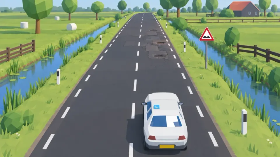 Learner car on an ordinary road outside a built-up area approaching a triangular warning sign for a bad road surface; further on the road has holes and bumps