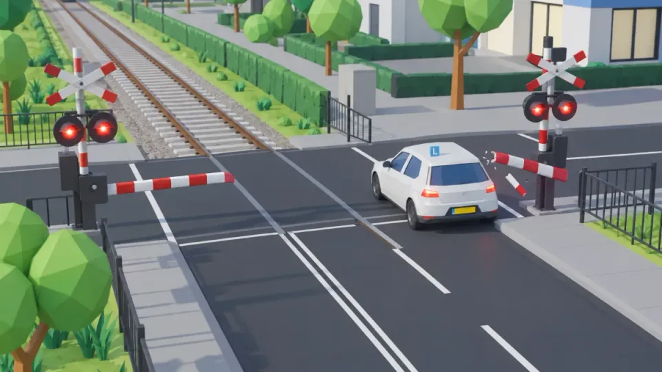 The learner car drives off the crossing and breaks the barrier.