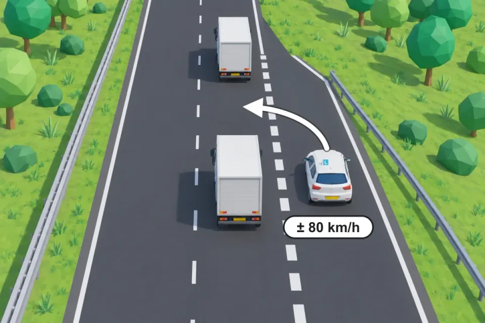 Learner car on the slip road merges into the gap between two lorries in the right lane, at about 80 km/h