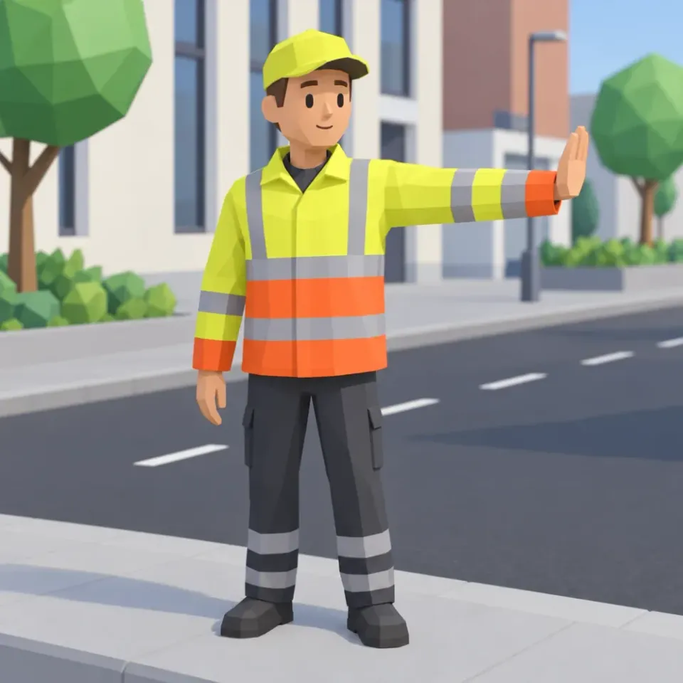 Traffic controller in a yellow jacket with an orange lower part, arm out to the side