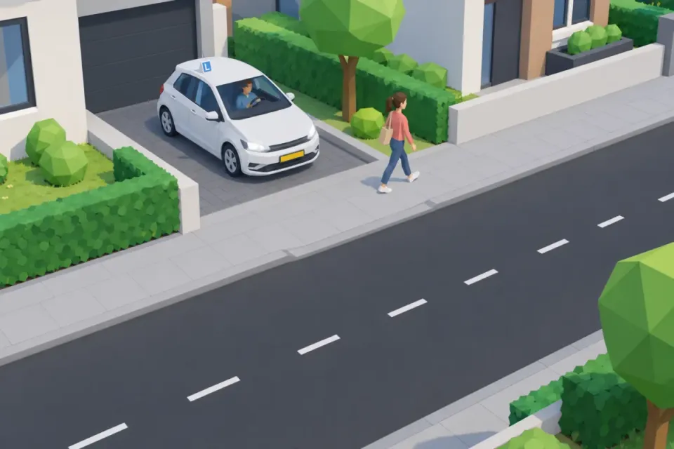 The learner car drives out of a driveway exit; the pedestrian on the continuous pavement goes first.