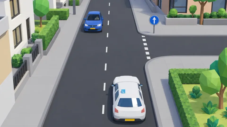Rond blauw bord met een pijl rechtdoor; in de andere rijstrook komt een tegenligger aan.