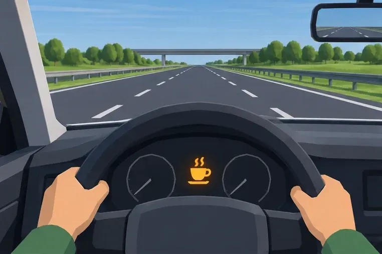 A coffee cup on the dashboard warns about tiredness. It does not prove that you are still fit enough.