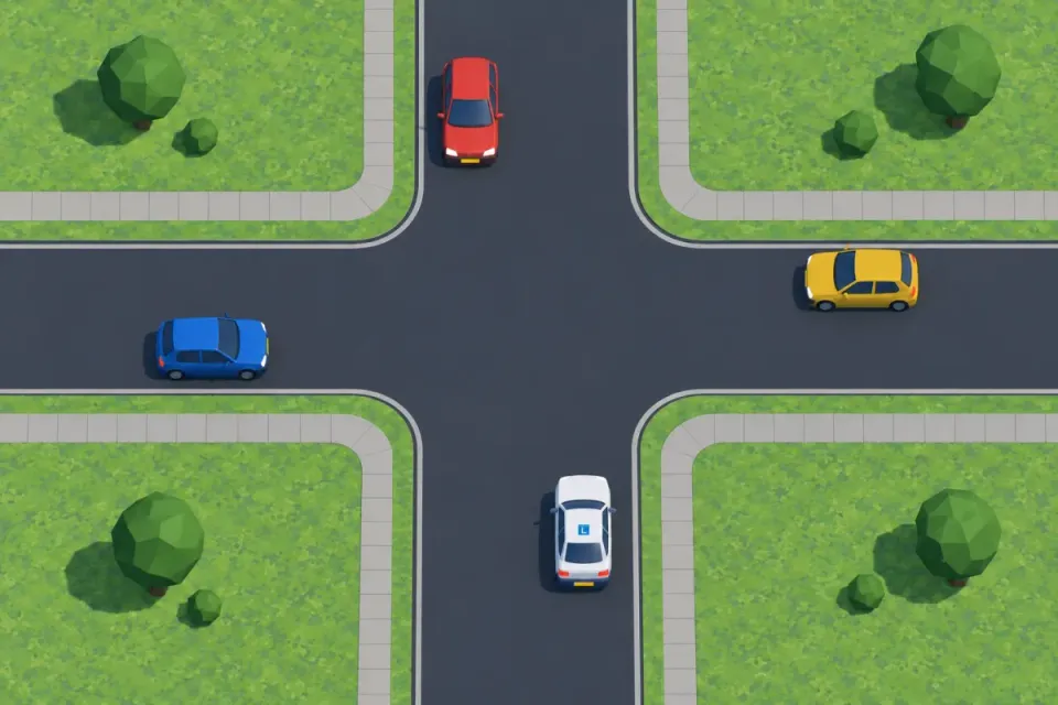 Four drivers, each with someone on their right: right-hand priority gives no unique first driver. Clearly make room and move only when safe.