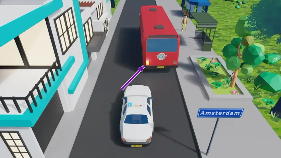 Bus in a built-up area wants to pull away from the stop