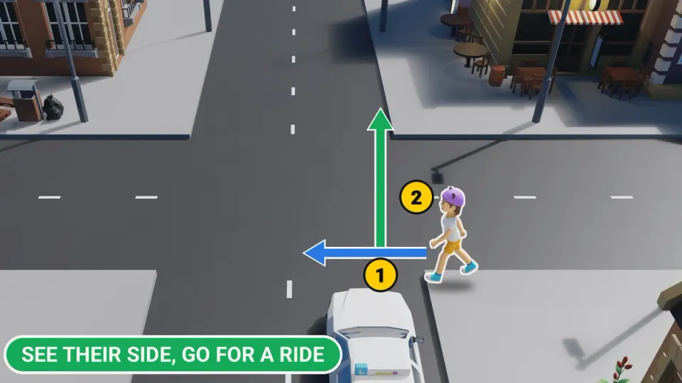 A pedestrian crosses from the right in front of the learner car going straight on: the driver sees their side.