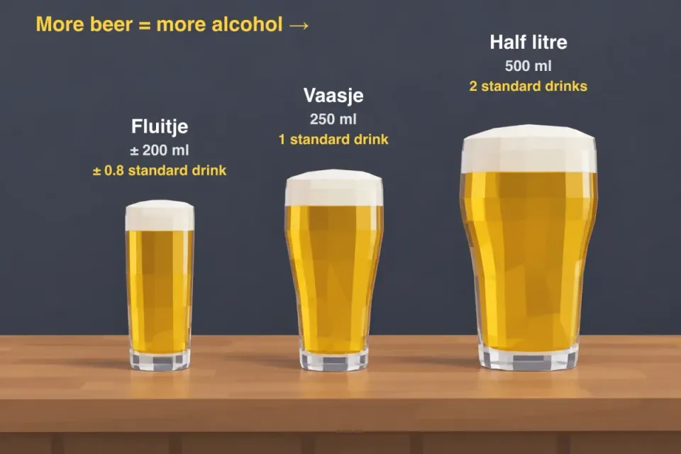 The bigger the glass, the more alcohol: a fluitje is about 0.8 standard drink, a vaasje 1 and a half litre 2 standard drinks.