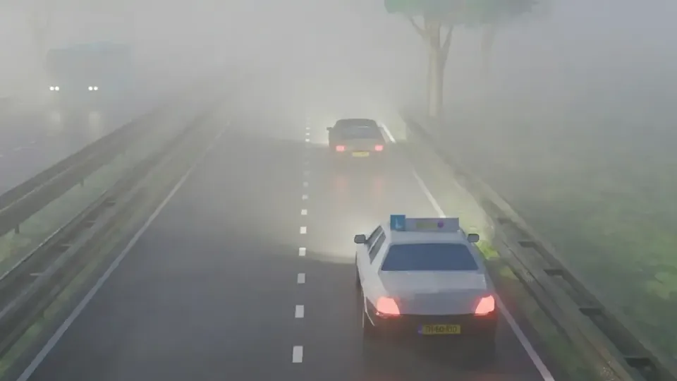 Mist beperkt het zicht op de weg.