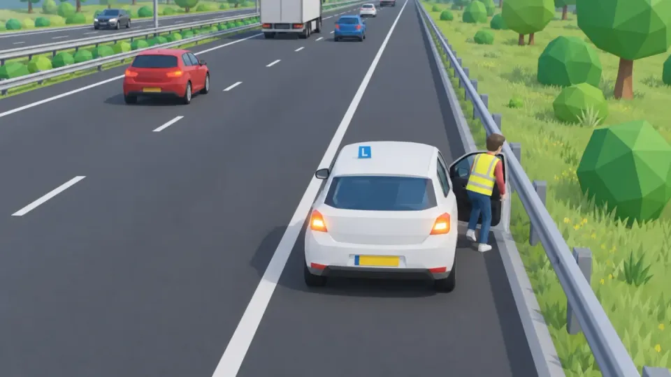 The driver, wearing a vest, gets out on the right, on the crash barrier side.