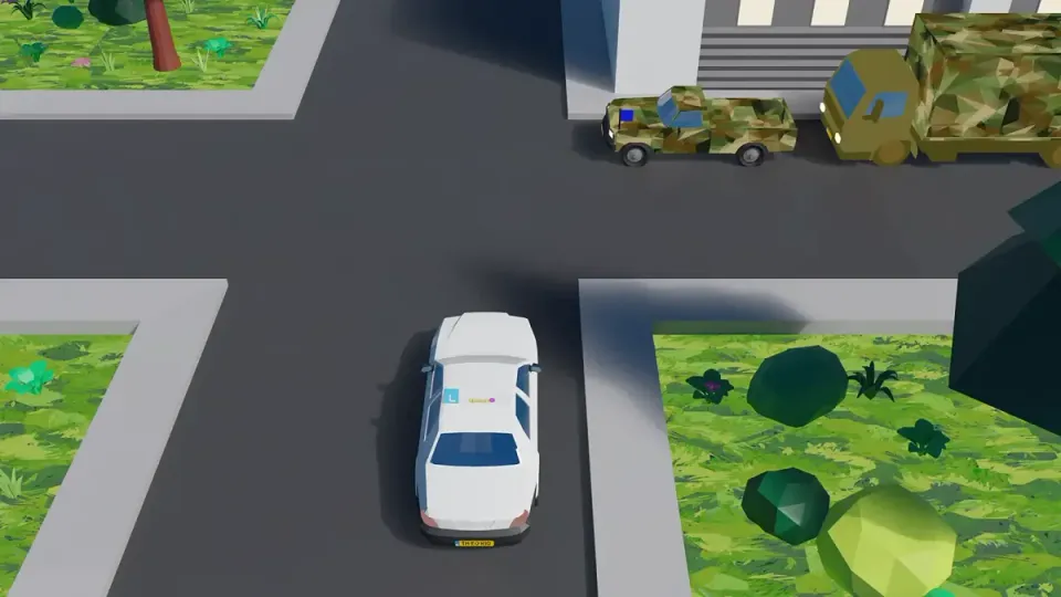 The convoy comes from the right. The learner car waits and lets the whole convoy go.