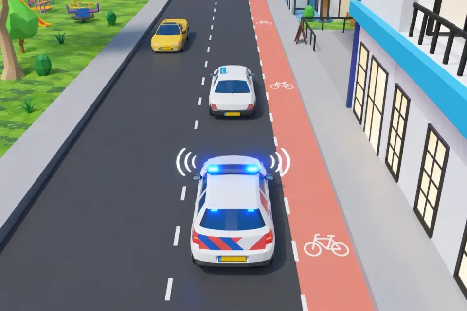 Here the police cannot get past. The cycle lane with a broken line is empty: you may briefly move aside onto it.