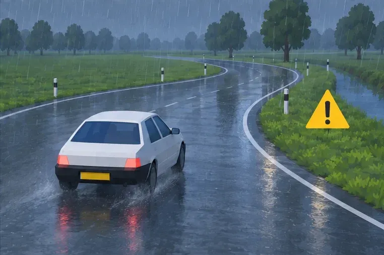 Rain and a bend call for a lower speed.