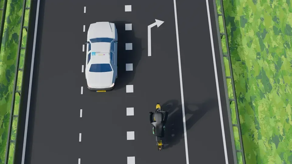 The motorcycle is already on the exit lane. You want to move into that lane: let it go first and leave behind it.