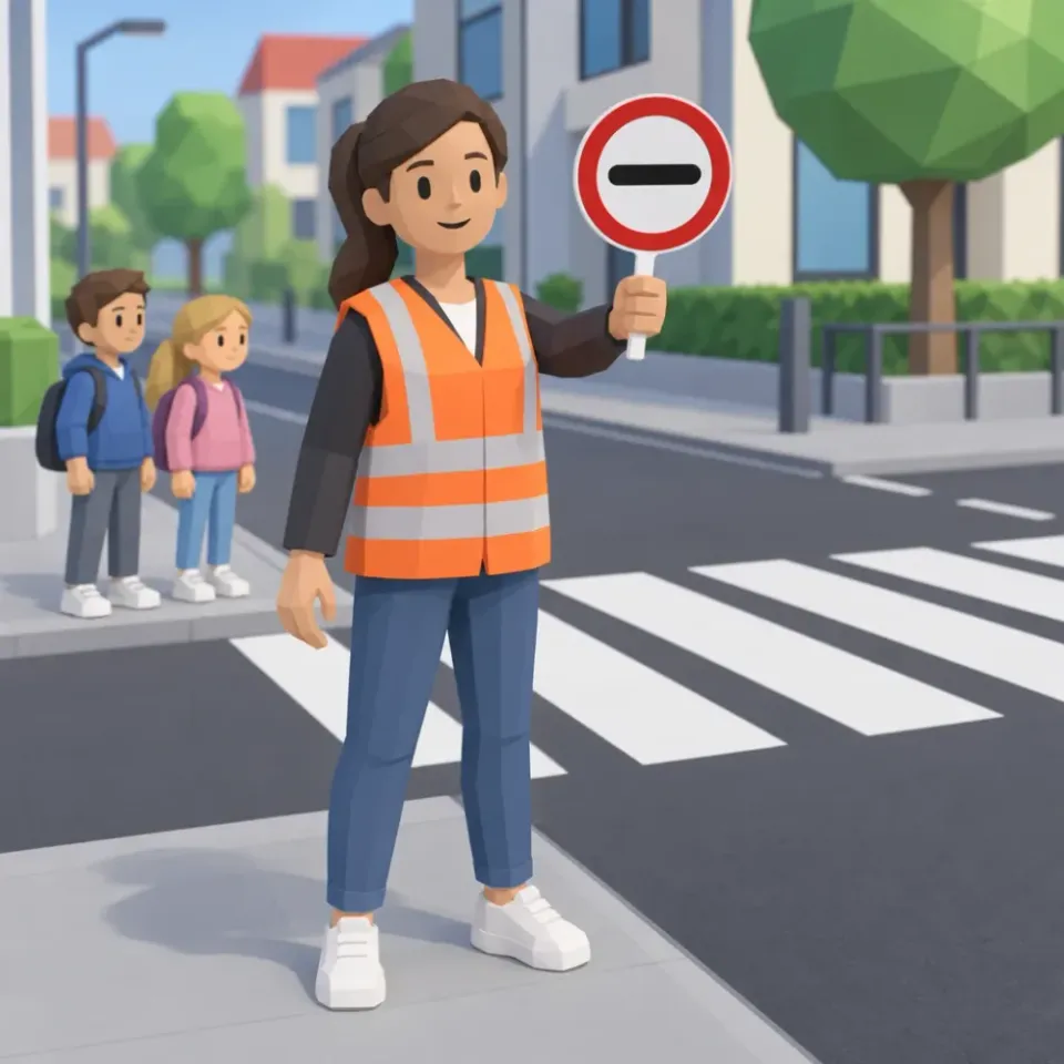 Crossing guard with the round stop sign F10.