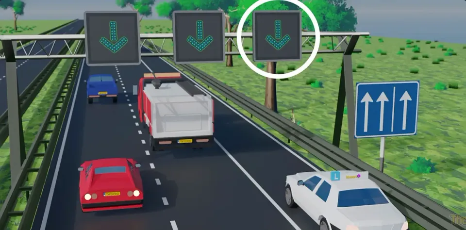 Green arrow above the rush hour lane: it is open. You may cross the solid line to get onto it.