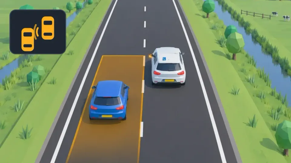 The blue car drives diagonally behind the learner car, in the blind spot. The orange area is the zone the system watches. The light in the left mirror is on. Top left you see an example of the symbol.